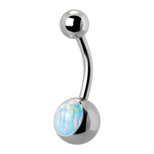 Load image into Gallery viewer, A surgical steel navel barbell with a single white opal set in the lower ball and a smaller plain steel threaded ball on top.
