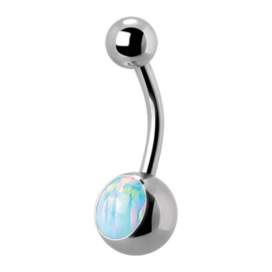 A surgical steel navel barbell with a single white opal set in the lower ball and a smaller plain steel threaded ball on top.