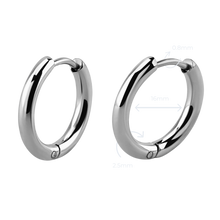Load image into Gallery viewer, A pair of silver stainless steel hinged hoop earrings with a highly polished finish.
