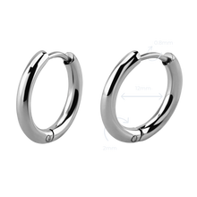 Load image into Gallery viewer, A pair of silver stainless steel hinged hoop earrings with a highly polished finish.
