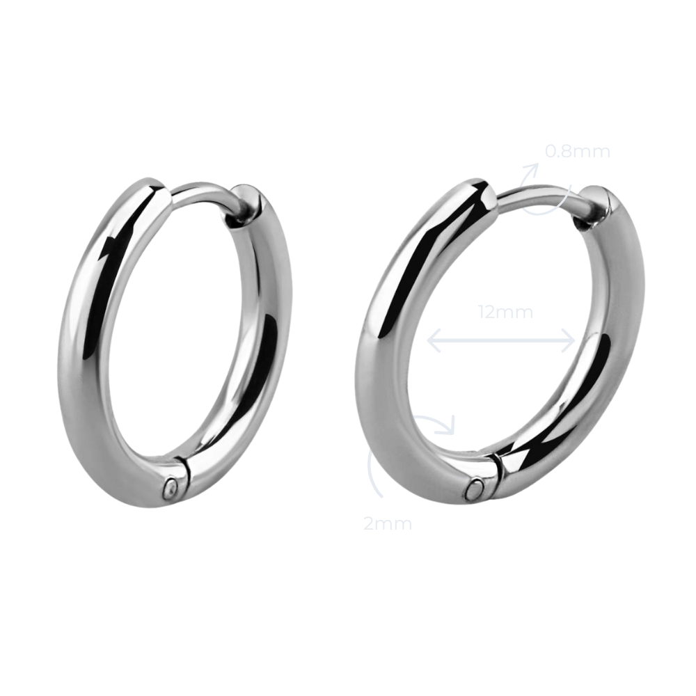 A pair of steel hinged hoop earrings with a highly polished finish.