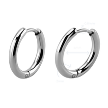 Load image into Gallery viewer, A pair of silver stainless steel hinged hoop earrings with a highly polished finish.
