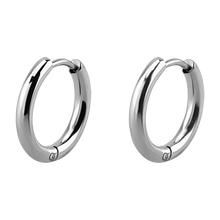 Load image into Gallery viewer, A pair of steel hinged hoop earrings with a highly polished finish.
