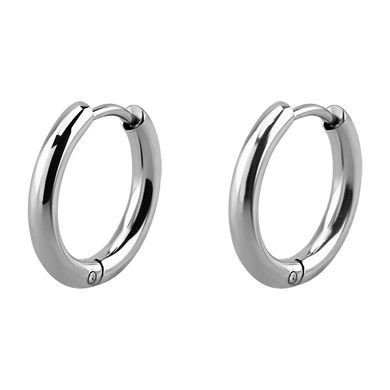 A pair of steel hinged hoop earrings with a highly polished finish.