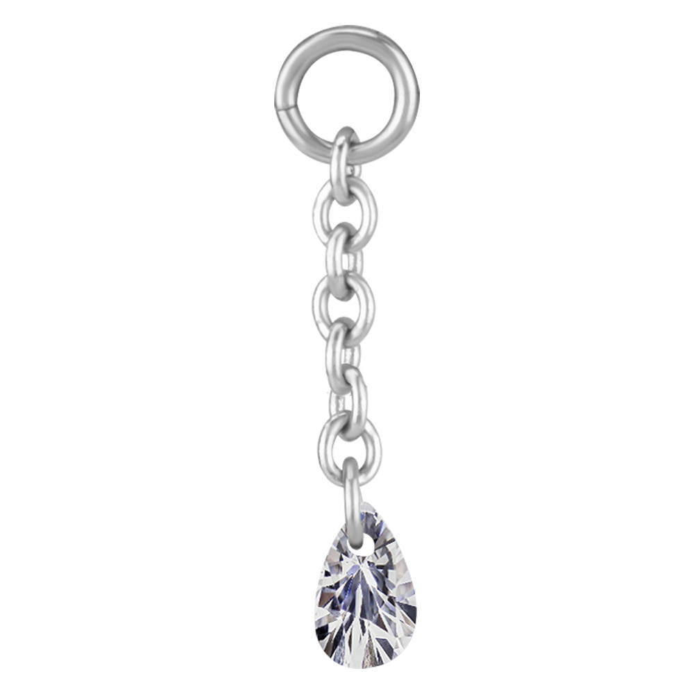 Surgical steel 10mm chain charm with a floating white teardrop cubic zirconia stone 