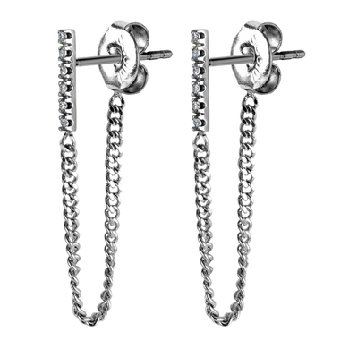 Surgical steel 316L bar ear studs paved with 6 white cubic zirconia stones. Has a chain connecting the bars to the butterflies 