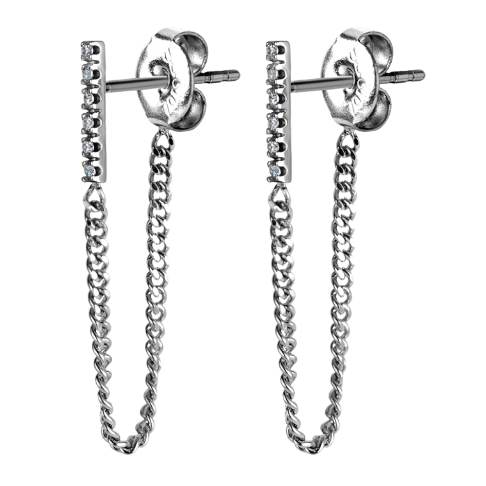 Surgical steel 316L bar ear studs paved with 6 white cubic zirconia stones. Has a chain connecting the bars to the butterflies 