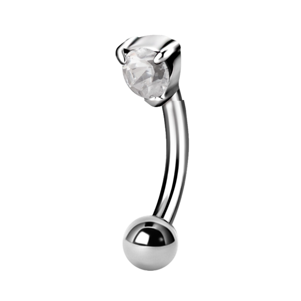 Surgical steel curved micro bar with a plain ball at the bottom and a prong-set gem at the top