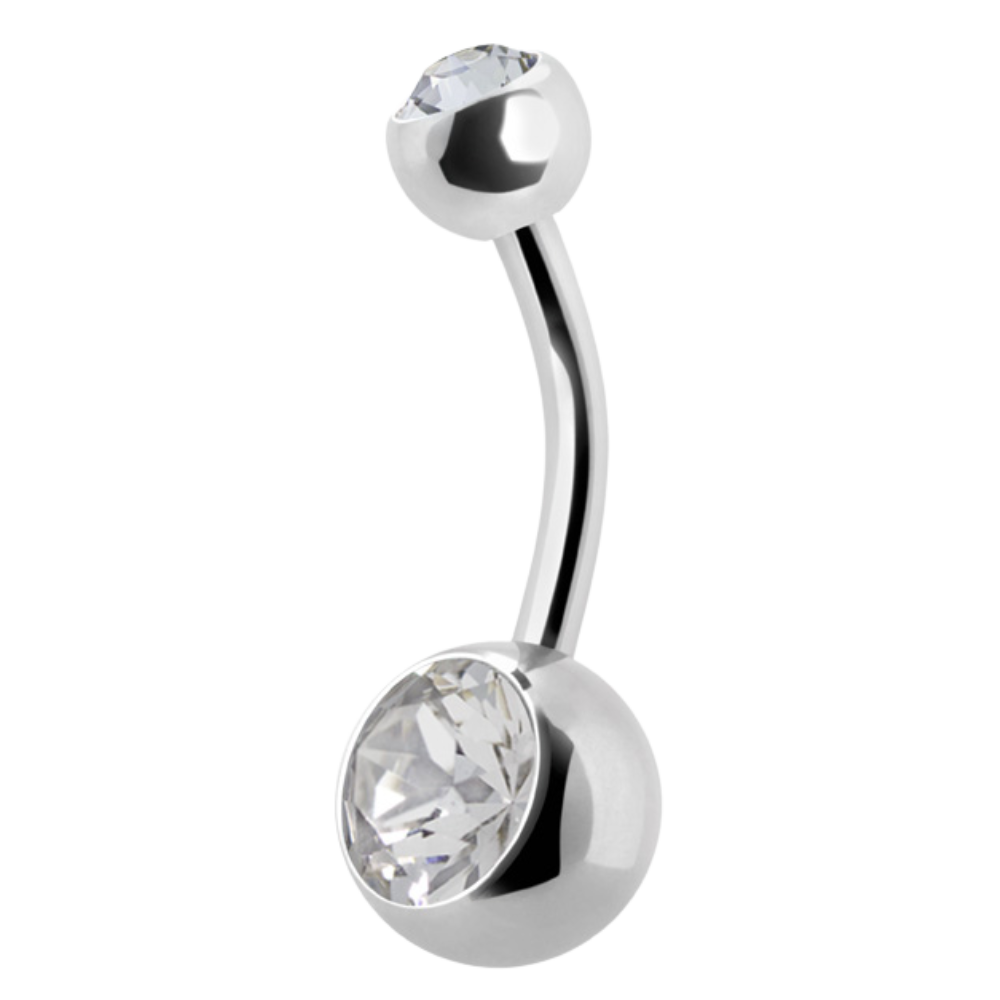 Surgical Steel navel barbell with a gem on the top and bottom ball