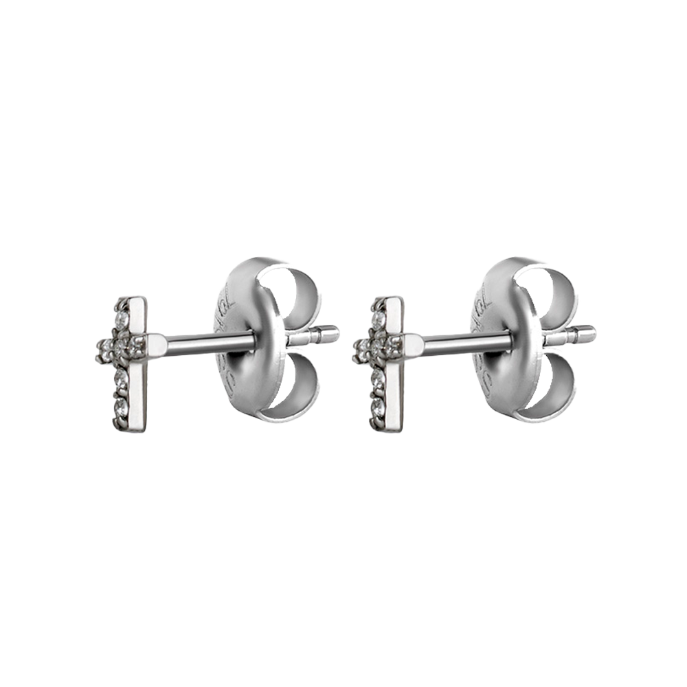 A pair of steel cross-shaped ear studs set with cubic zirconias.