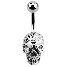 Load image into Gallery viewer, Surgical steel skull navel barbell with white cubic zirconia stones in the eyes
