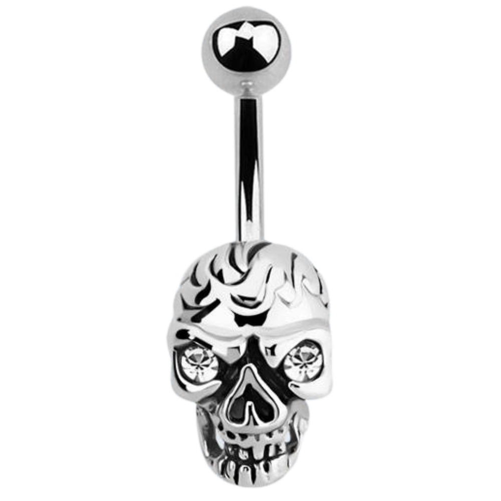 Surgical steel skull navel barbell with white cubic zirconia stones in the eyes