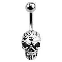 Load image into Gallery viewer, Surgical steel skull navel barbell with black cubic zirconia stones in the eyes
