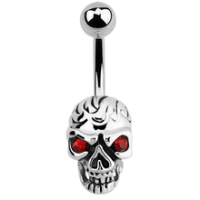 Load image into Gallery viewer, Surgical steel skull navel barbell with light siam cubic zirconia stones in the eyes

