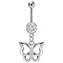 Load image into Gallery viewer, Surgical steel bezel-set white cubic zirconia navel bar with a jewelled butterfly charm connected below
