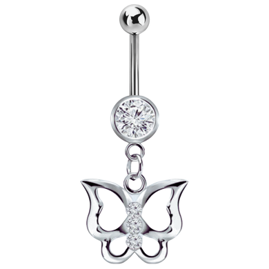 Surgical steel bezel-set white cubic zirconia navel bar with a jewelled butterfly charm connected below