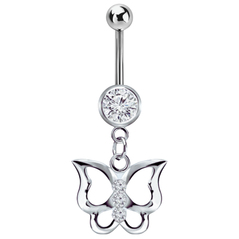 Surgical steel bezel-set white cubic zirconia navel bar with a jewelled butterfly charm connected below