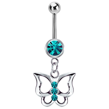 Load image into Gallery viewer, Surgical steel bezel-set blue zircon cubic zirconia navel bar with a jewelled butterfly charm connected below
