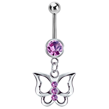 Load image into Gallery viewer, Surgical steel bezel-set light amethyst cubic zirconia navel bar with a jewelled butterfly charm connected below

