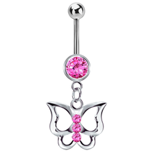 Load image into Gallery viewer, Surgical steel bezel-set rose pink cubic zirconia navel bar with a jewelled butterfly charm connected below

