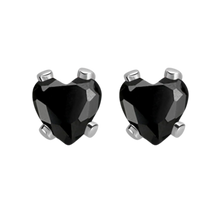 Load image into Gallery viewer, Heart-shaped black (jet) cubic zirconia earrings in surgical steel 
