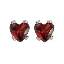 Load image into Gallery viewer, Heart-shaped red (garnet) cubic zirconia earrings in surgical steel 

