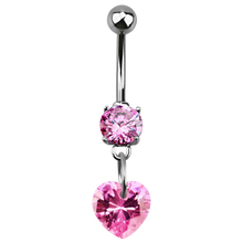 Load image into Gallery viewer, Surgical steel navel bar with a rose pink prong-set cubic zirconia and heart shaped cubic zirconia charm connected below
