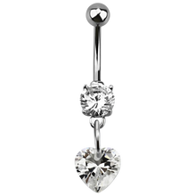 Load image into Gallery viewer, Surgical steel navel bar with a white prong-set cubic zirconia and heart shaped cubic zirconia charm connected below

