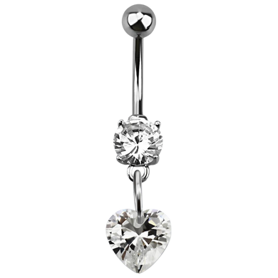 Surgical steel navel bar with a white prong-set cubic zirconia and heart shaped cubic zirconia charm connected below