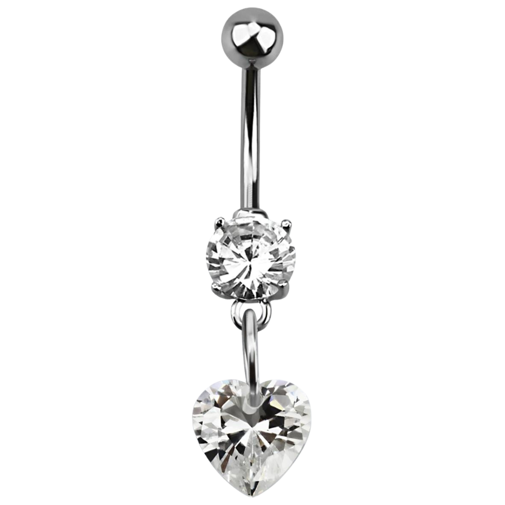 Surgical steel navel bar with a white prong-set cubic zirconia and heart shaped cubic zirconia charm connected below