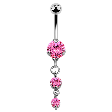 Surgical steel navel bar with a rose pink prong-set cubic zirconia and two rose pink cubic zirconia stones connected below