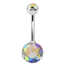 Load image into Gallery viewer, Navel barbell with prong set aurora borealis stone and a matching colour jewelled ball on top 
