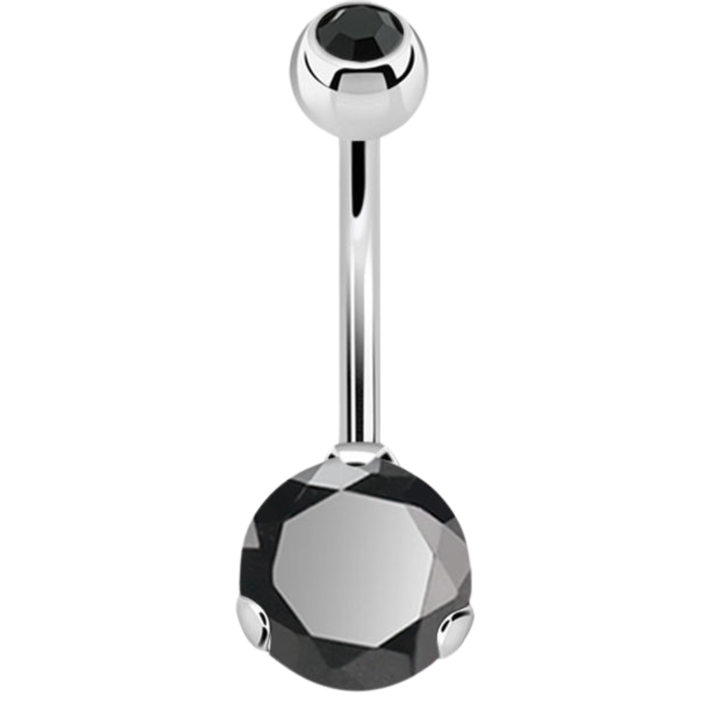 Navel barbell with prong set black stone and a matching colour jewelled ball on top 