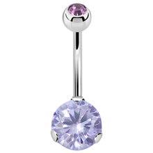 Load image into Gallery viewer, Navel barbell with prong set lavender  stone and a matching colour jewelled ball on top 
