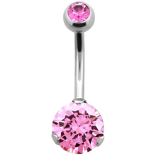 Load image into Gallery viewer, Navel barbell with prong set rose stone and a matching colour jewelled ball on top 
