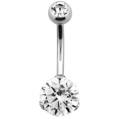 Navel barbell with prong set white stone and a matching colour jewelled ball on top 