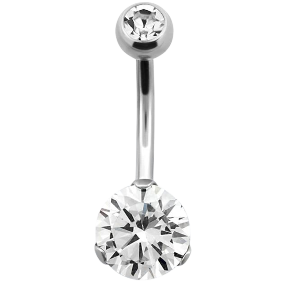 Navel barbell with prong set white stone and a matching colour jewelled ball on top 