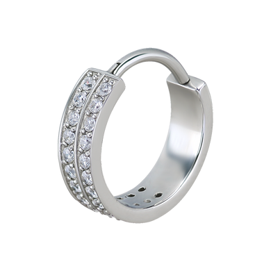 Surgical steel hinged ring with two rows of paved white premium zirconia stones 