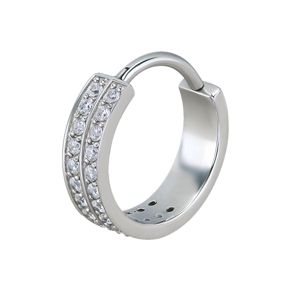 Surgical steel hinged ring with two rows of paved white premium zirconia stones 