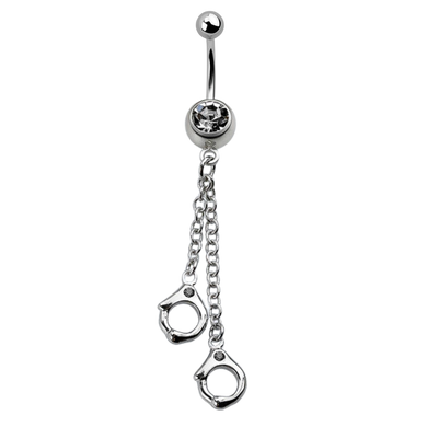 Surgical steel navel bar with a bezel-set white cubic zirconia and two handcuff charms on a long chain connected below