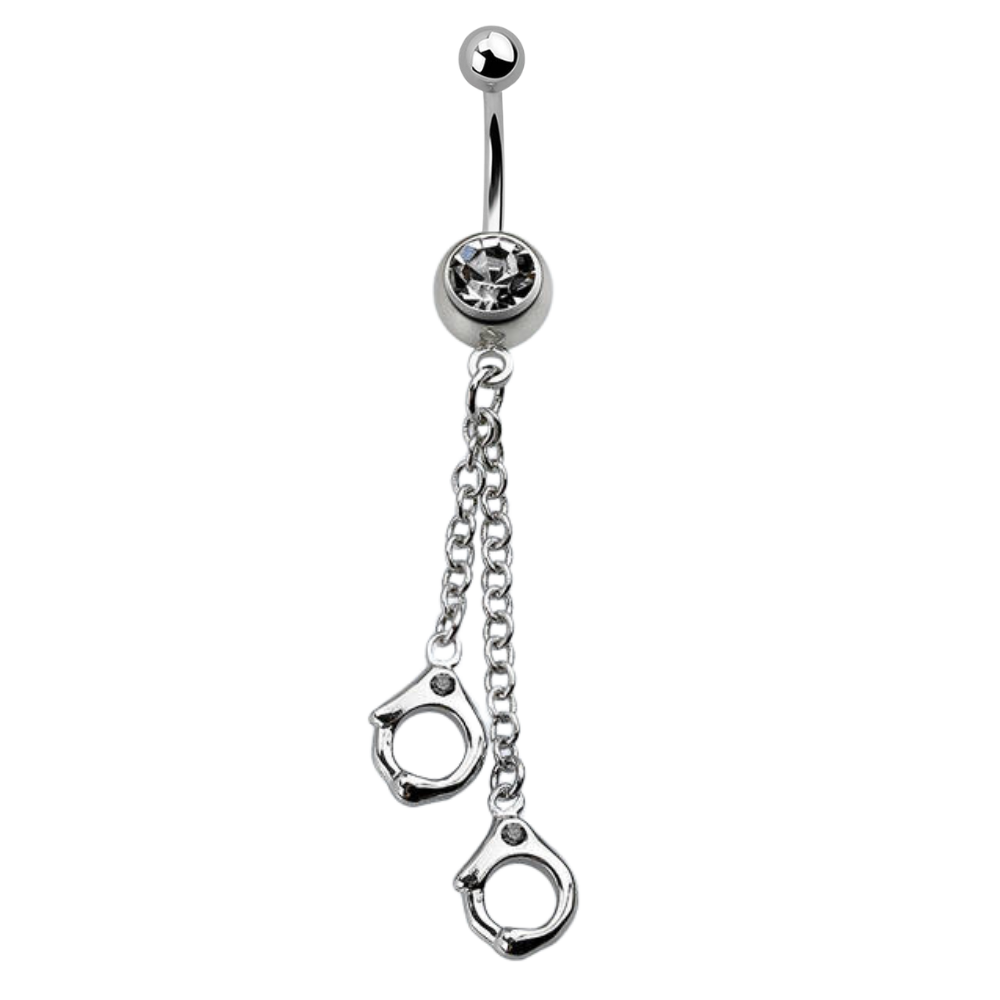 Surgical steel navel bar with a bezel-set white cubic zirconia and two handcuff charms on a long chain connected below