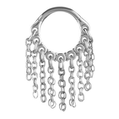 A surgical steel hinged ring with a chain dangle design for earlobe or helix piercing.