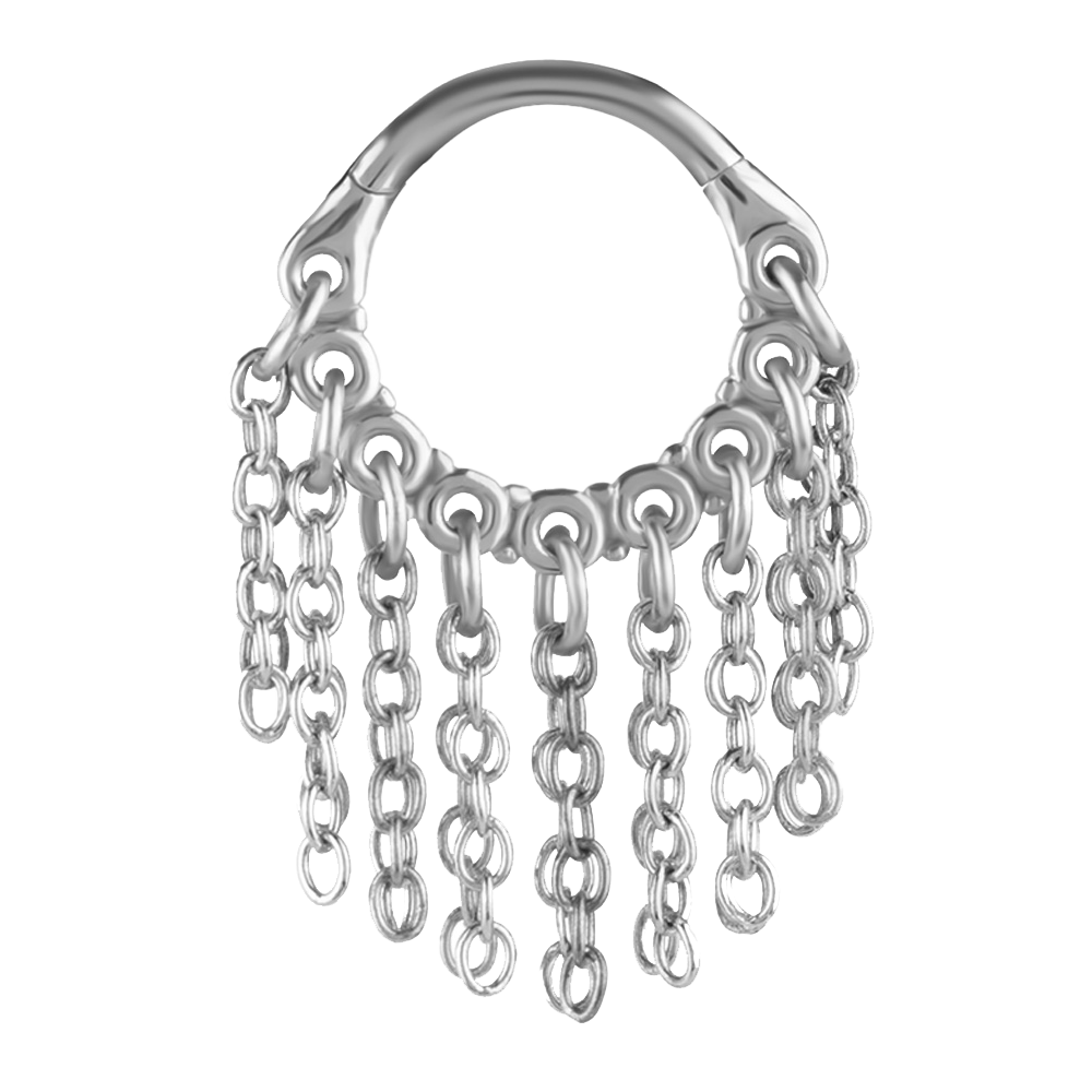 A surgical steel hinged ring with a chain dangle design for earlobe or helix piercing.