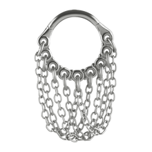 Load image into Gallery viewer, A surgical steel hinged ring with connected dangly chains, designed for earlobe or helix piercing jewellery.
