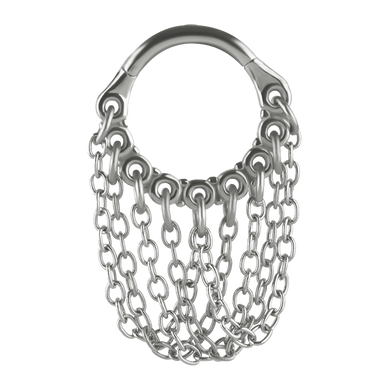 A surgical steel hinged ring with connected dangly chains, designed for earlobe or helix piercing jewellery.