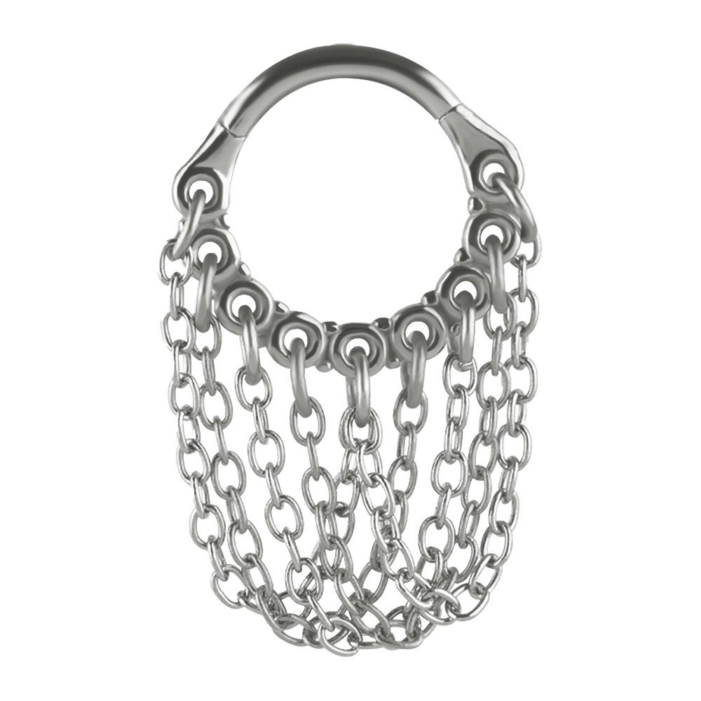 A surgical steel hinged ring with connected dangly chains, designed for earlobe or helix piercing jewellery.