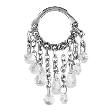 A steel hinged ring with multiple dangling cubic zirconia chains.