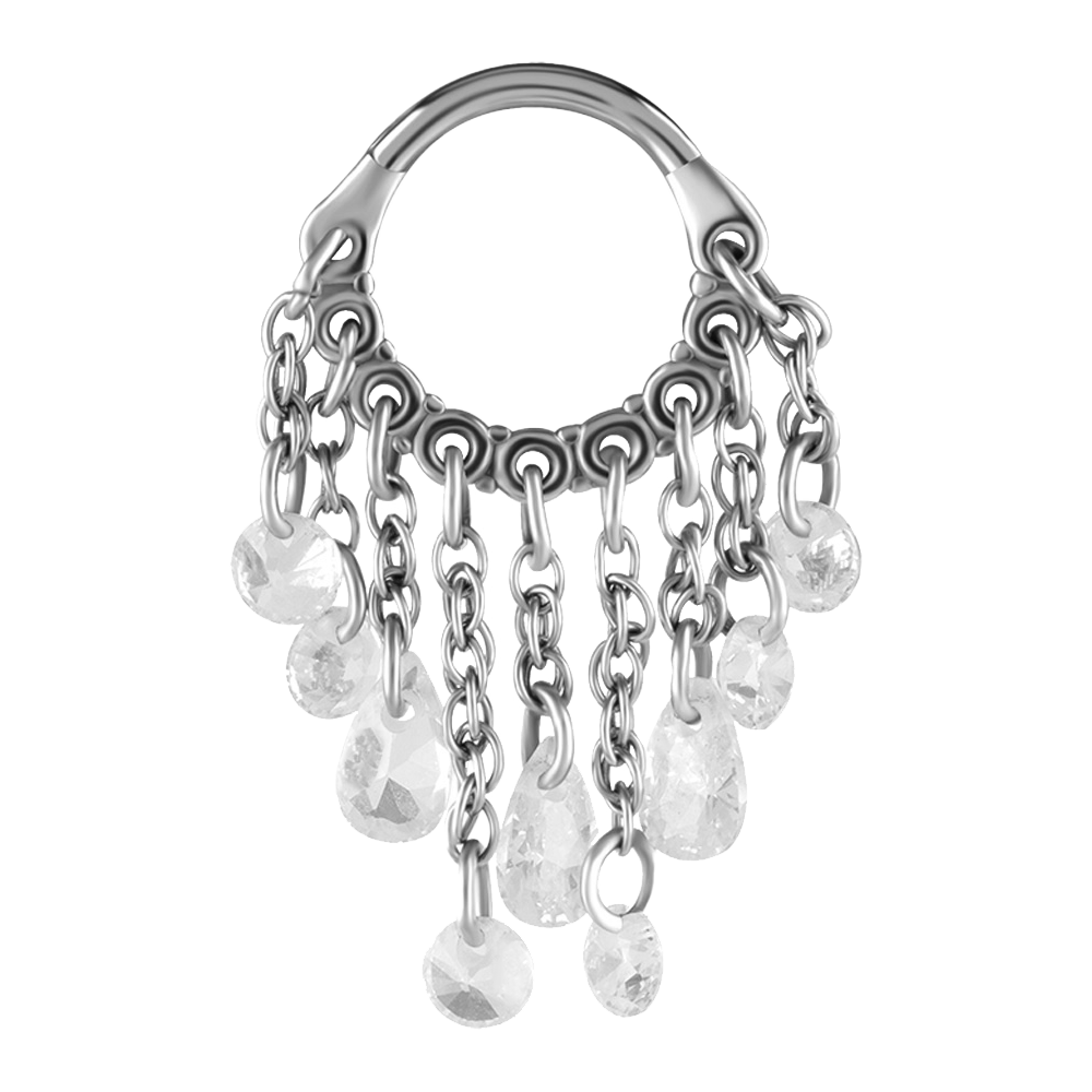 A steel hinged ring with multiple dangling cubic zirconia chains.
