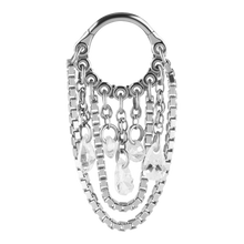 Load image into Gallery viewer, A steel hinged ring with connected chains and dangly cubic zirconia charms designed for earlobe or helix piercings.
