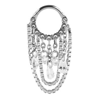 A steel hinged ring with connected chains and dangly cubic zirconia charms designed for earlobe or helix piercings.